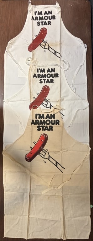 3 I'm An Armour Star Aprons: Please make sure you view all photos and ask any questions you may have! Great original collectible item. This is day 1 of our 2 day one owner auction event. Thanks and have a great day! Holler &