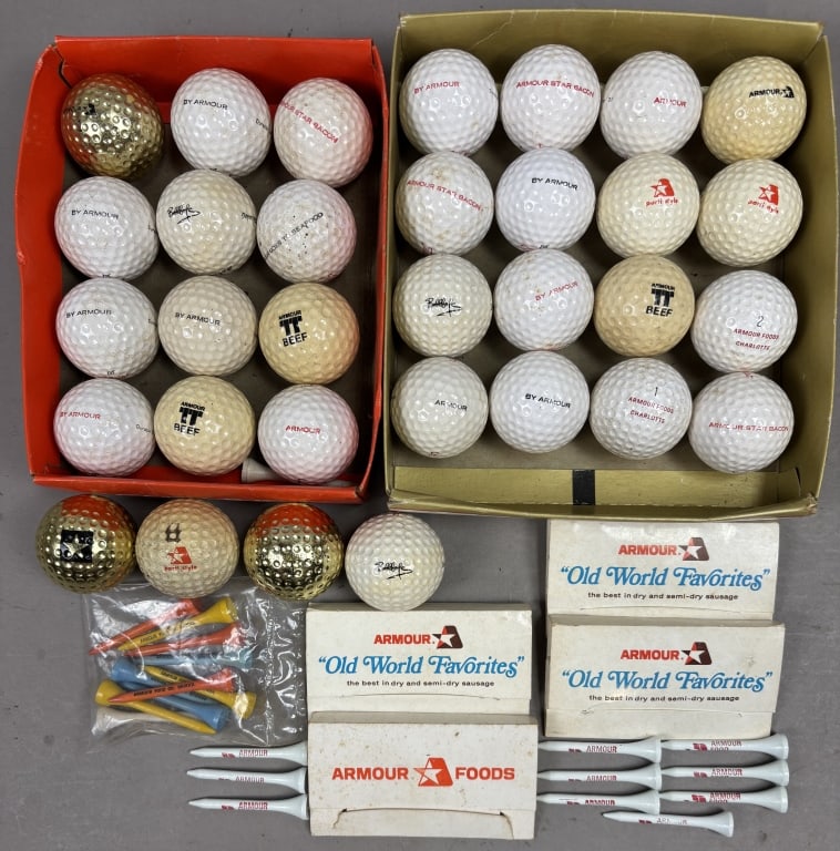 Lot of 56 Armour's Golf Balls and Golf Tees: Please make sure you view all photos and ask any questions you may have! Great original collectible item. This is day 1 of our 2 day one owner auction event. Thanks and have a great day! Holler & Hamm