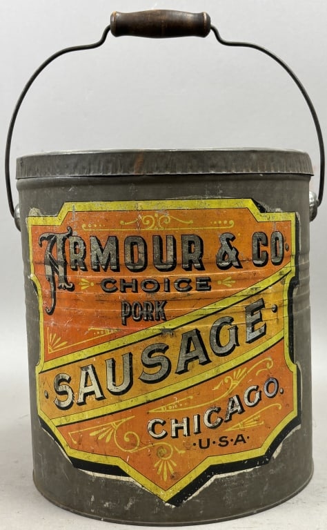 Armour & Co Choice Pork Sausage Bucket w/ Handle: Please make sure you view all photos and ask any questions you may have! Great original collectible item. This is day 1 of our 2 day one owner auction event. Thanks and have a great day! Holler & Hamm