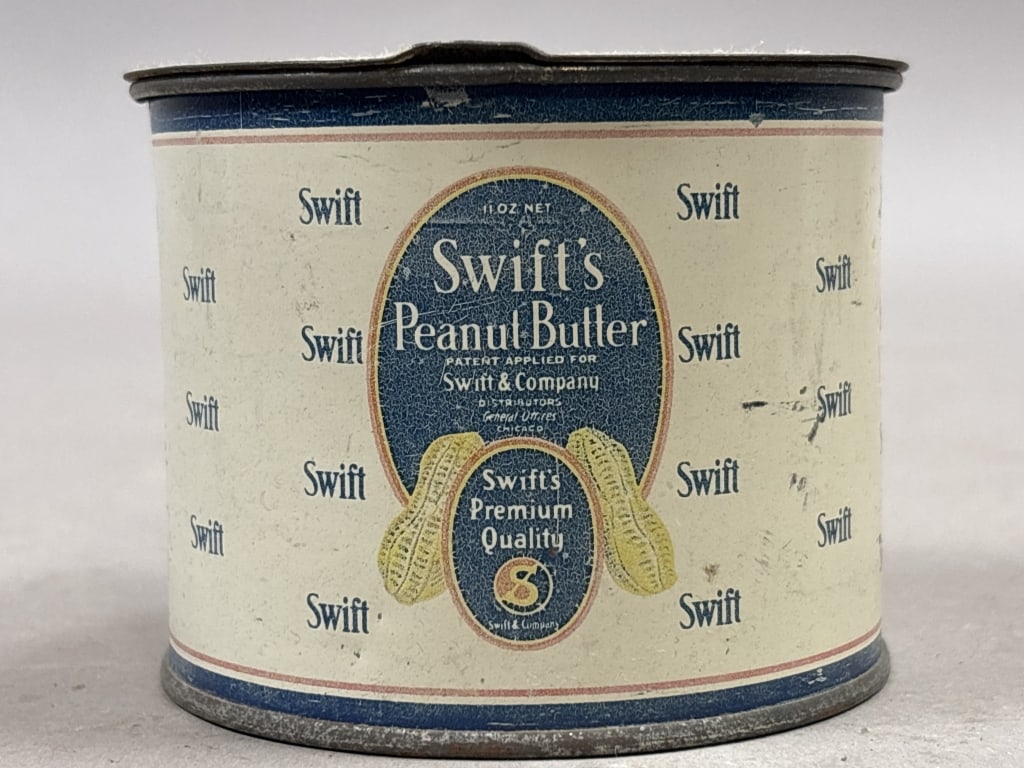 Swift's 11oz Peanut Butter Tin: Please make sure you view all photos and ask any questions you may have! Great original collectible item. This is day 1 of our 2 day one owner auction event. Thanks and have a great day! Holler & Hamm