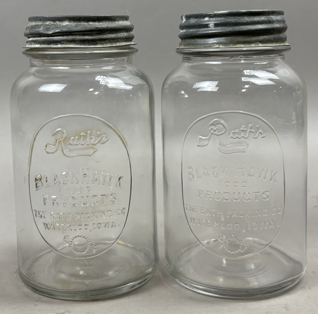 Pair Rath's Blackhawk Food Products Glass Jars: Please make sure you view all photos and ask any questions you may have! Great original collectible item. This is day 1 of our 2 day one owner auction event. Thanks and have a great day! Holler & Hamm