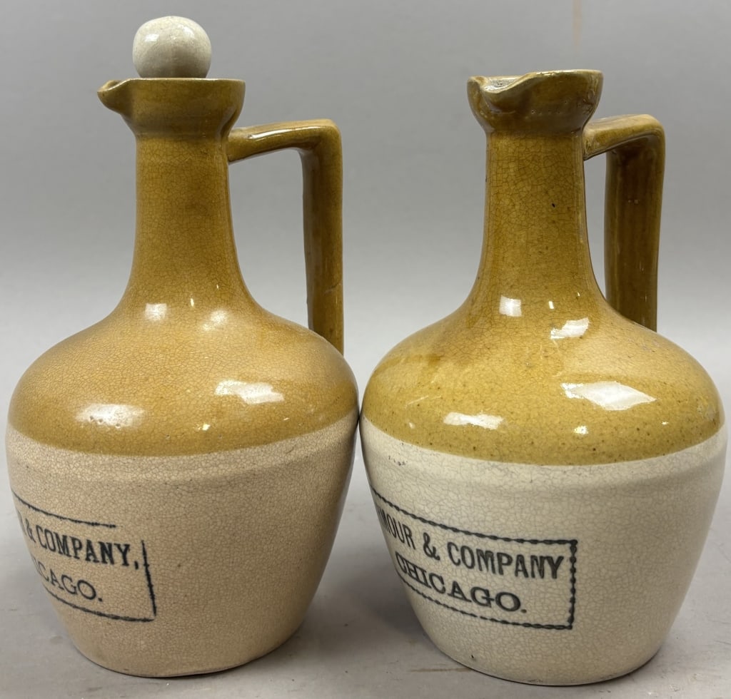 Pair Armour & Co Chicago Stoneware Pitchers: Please make sure you view all photos and ask any questions you may have! Great original collectible item. This is day 1 of our 2 day one owner auction event. Thanks and have a great day! Holler & Hamm