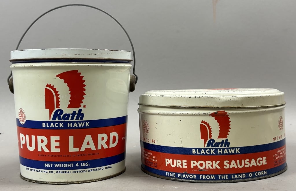 Pair Rath Black Hawk 4 & 5lb Tins Lard & Sausage: Please make sure you view all photos and ask any questions you may have! Great original collectible item. This is day 1 of our 2 day one owner auction event. Thanks and have a great day! Holler &