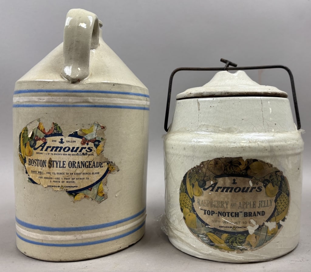 Pair Armour's Stoneware & Crock: Please make sure you view all photos and ask any questions you may have! Great original collectible item. This is day 1 of our 2 day one owner auction event. Thanks and have a great day! Holler & Hamm