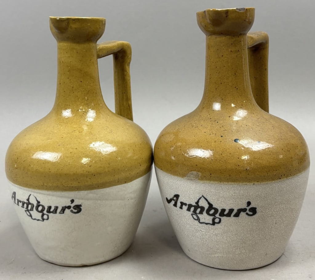 Pair Armour's Stoneware Pitchers: Please make sure you view all photos and ask any questions you may have! Great original collectible item. This is day 1 of our 2 day one owner auction event. Thanks and have a great day! Holler & Hamm