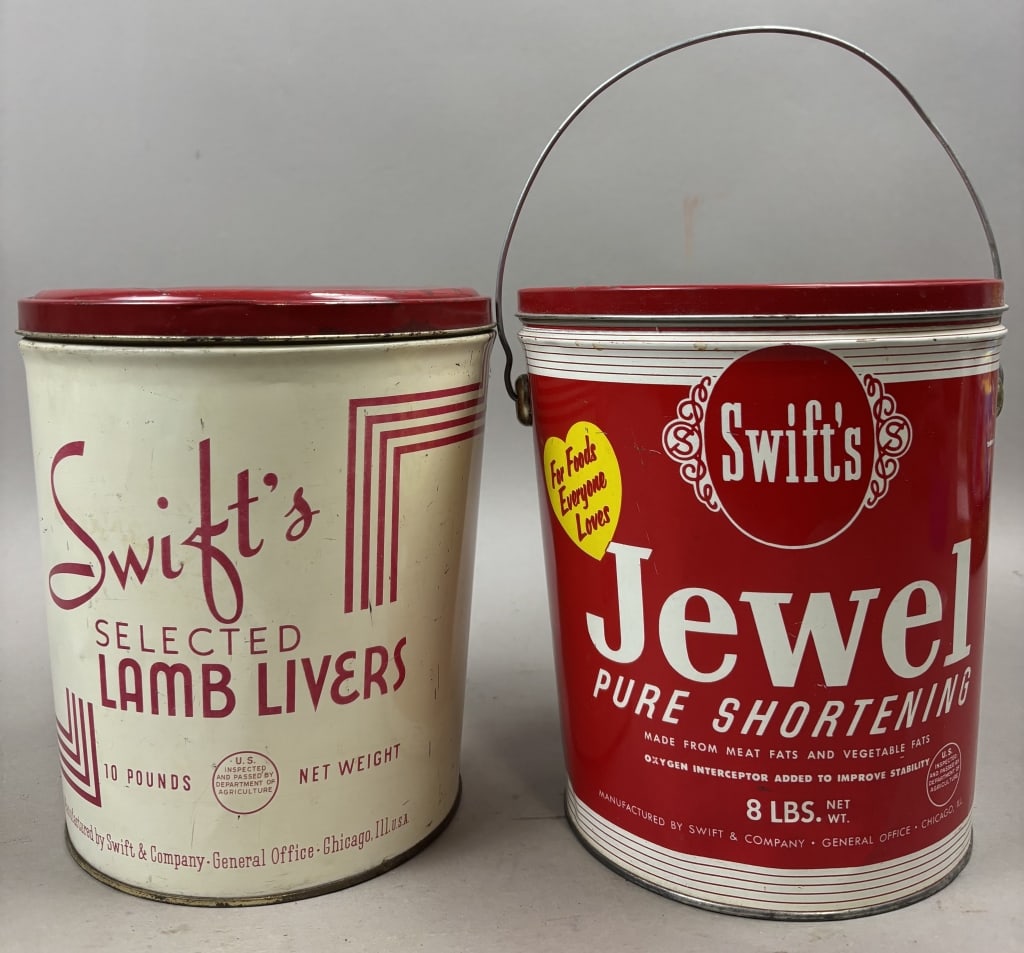 Swift's 8 & 10lb Tin Buckets Livers & Shortening: Please make sure you view all photos and ask any questions you may have! Great original collectible item. This is day 1 of our 2 day one owner auction event. Thanks and have a great day! Holler & Hamm