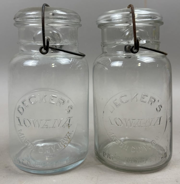 Pair Decker's Iowana Mason City Iowa Glass Jars: Please make sure you view all photos and ask any questions you may have! Great original collectible item. This is day 1 of our 2 day one owner auction event. Thanks and have a great day! Holler & Hamm