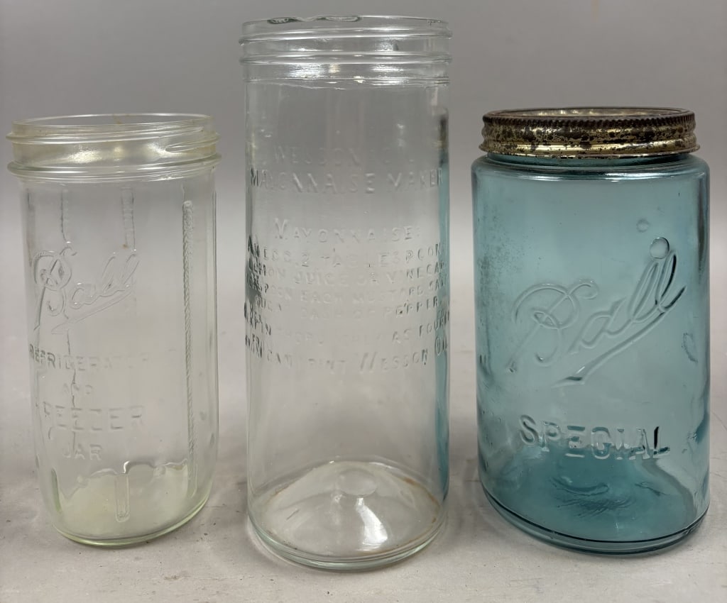 Lot of 3 Wesson Oil & Ball Glass Jars: Please make sure you view all photos and ask any questions you may have! Great original collectible item. This is day 1 of our 2 day one owner auction event. Thanks and have a great day! Holler & Hamm
