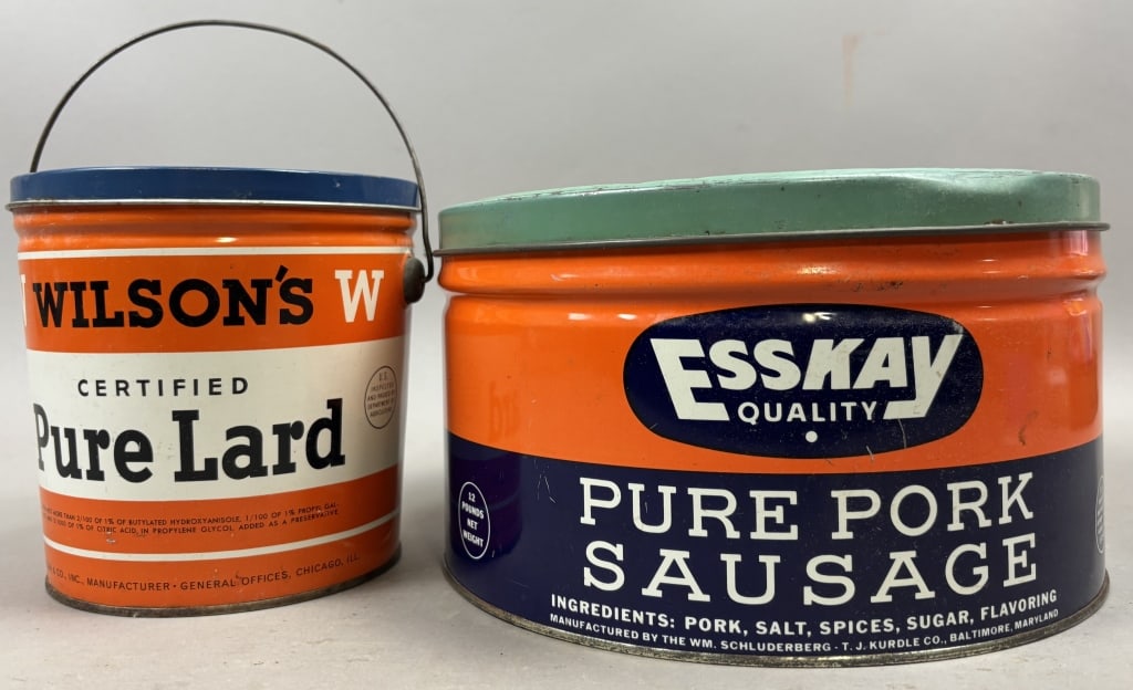 Wilson's 4lb Lard & EssKay 12lb Sausage Tins: Please make sure you view all photos and ask any questions you may have! Great original collectible item. This is day 1 of our 2 day one owner auction event. Thanks and have a great day! Holler & Hamm