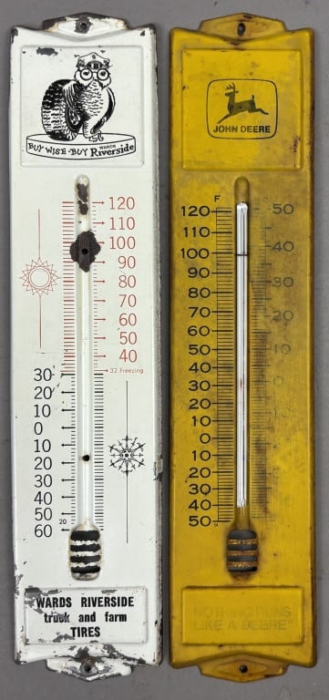 Pair of Thermometers John Deere & Wards Riverside: Both do not work as shown - Please make sure you view all photos and ask any questions you may have! Great original collectible item. This is day 1 of our 2 day one owner auction event. Thanks and hav