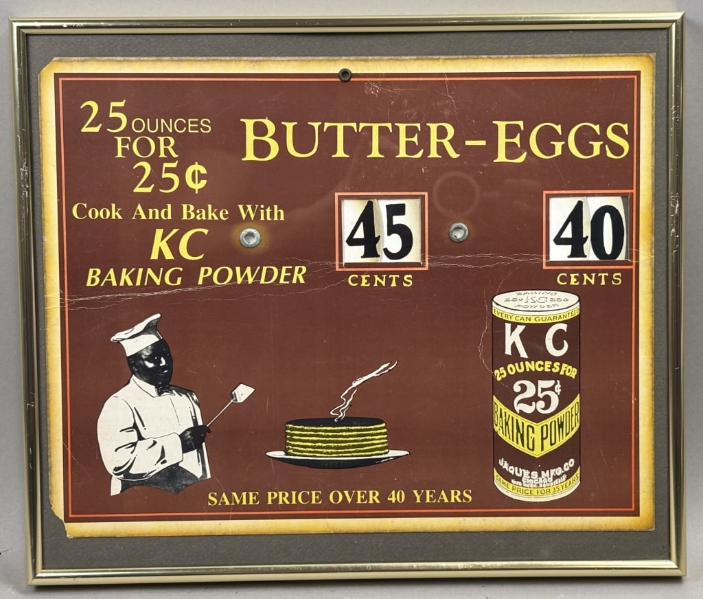 KC Baking Powder 14"x11" Framed Butter-Eggs Sign: Please make sure you view all photos and ask any questions you may have! Great original collectible item. This is day 1 of our 2 day one owner auction event. Thanks and have a great day! Holler & Hamm