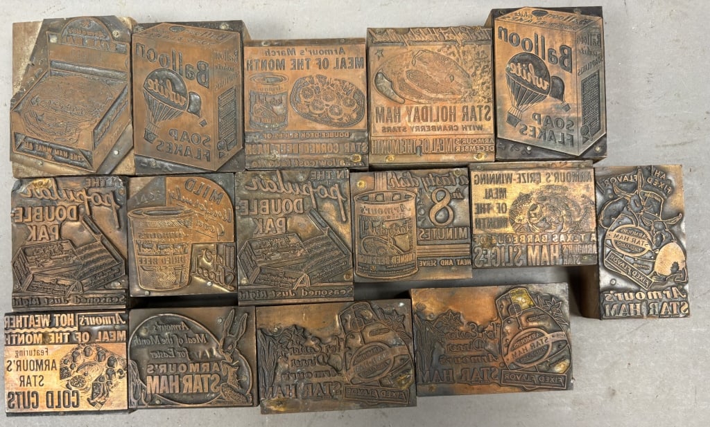 Lot of 15 Armour's Printing Press Stamps: Please make sure you view all photos and ask any questions you may have! Great original collectible item. This is day 1 of our 2 day one owner auction event. Thanks and have a great day! Holler & Hamm