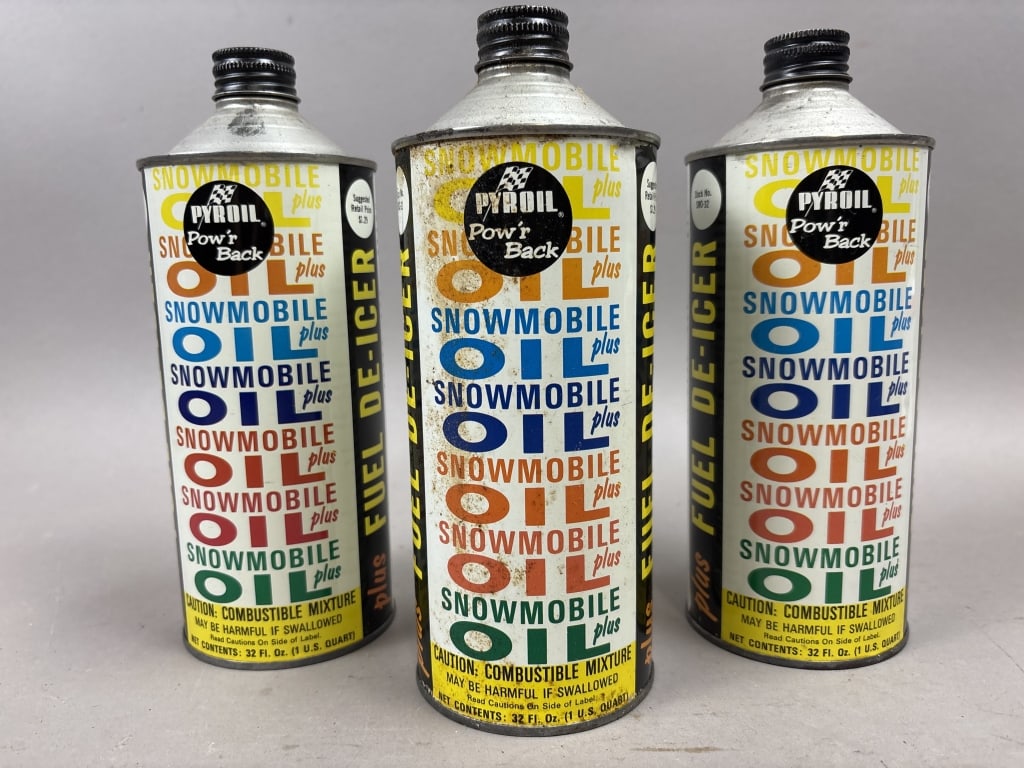 Lot 3 Pyroil Snowmobile Oil Plus 32oz Cone Top Can: See all photos as a better idea of condition.