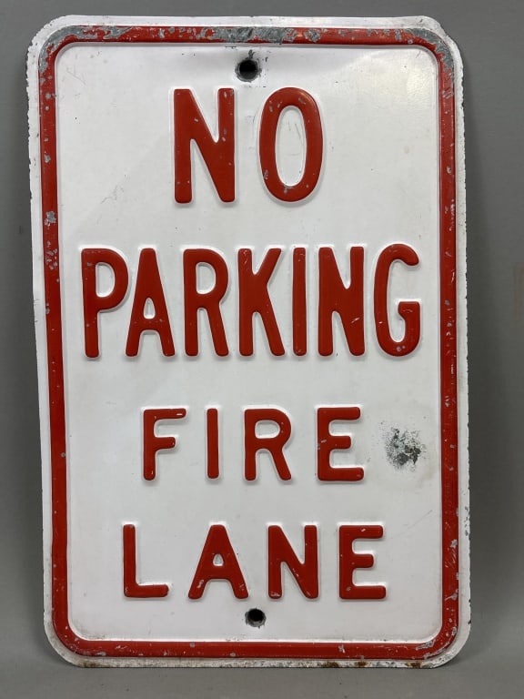 18"x12" No Parking Fire Lane Embossed Metal Sign: See all photos as a better idea of condition.