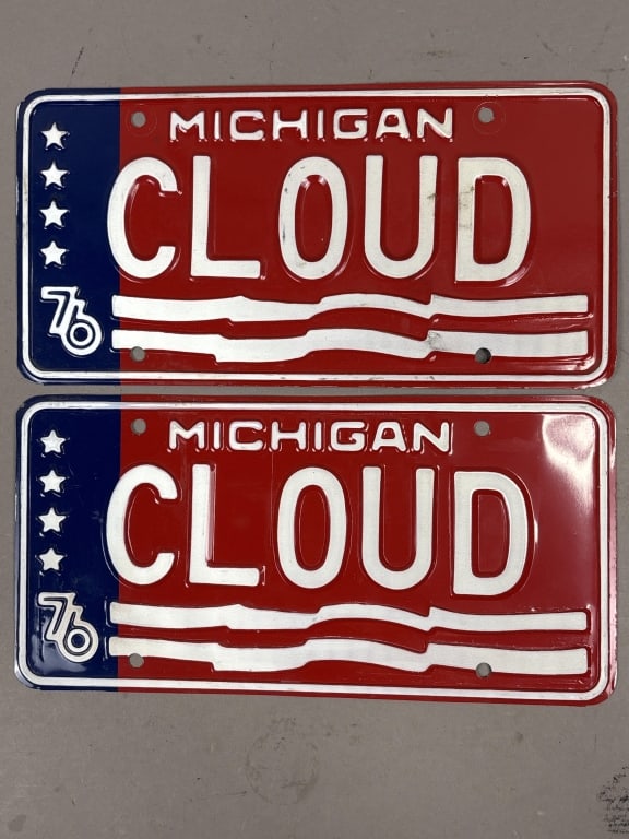 Pair 1976 CLOUD Michigan Personalized Plates EX+: See all photos as a better idea of condition.