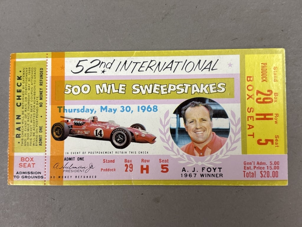 1968 52nd International Indy 500 Mile Ticket: See all photos as a better idea of condition.