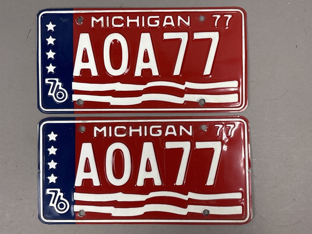 Pair 1977 AOA77 Personalized Michigan License EX: See all photos as a better idea of condition.