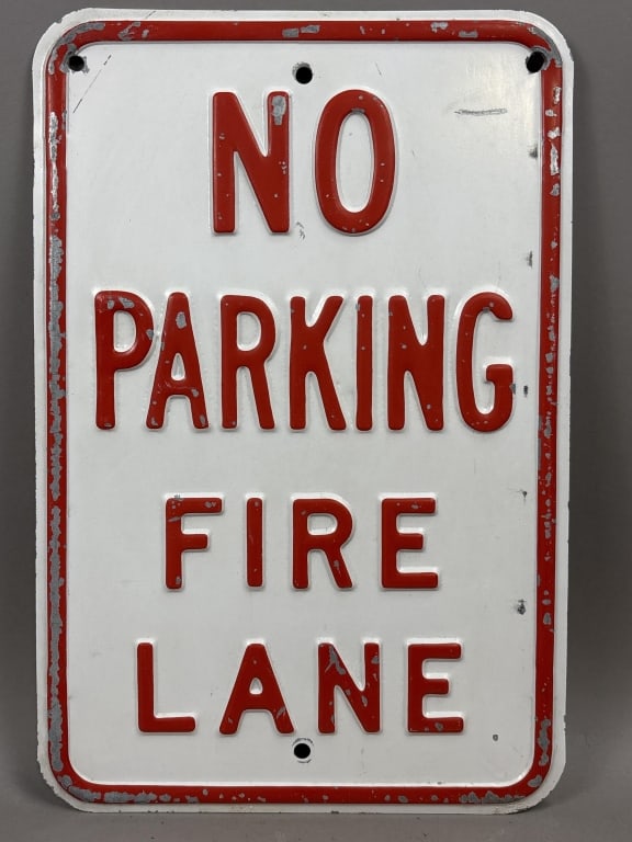 18" x 12" No Parking Fire Lane Embossed Metal Sign: See all photos as a better idea of condition.