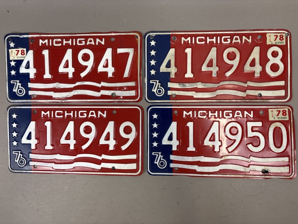 4 1976-78 Consecutive Michigan License Plates: See all photos as a better idea of condition.
