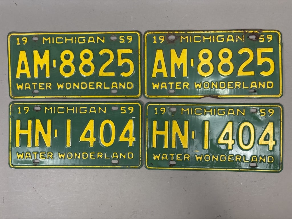 Pair 1959 Water Wonderland Michigan License Plates: See all photos as a better idea of condition.