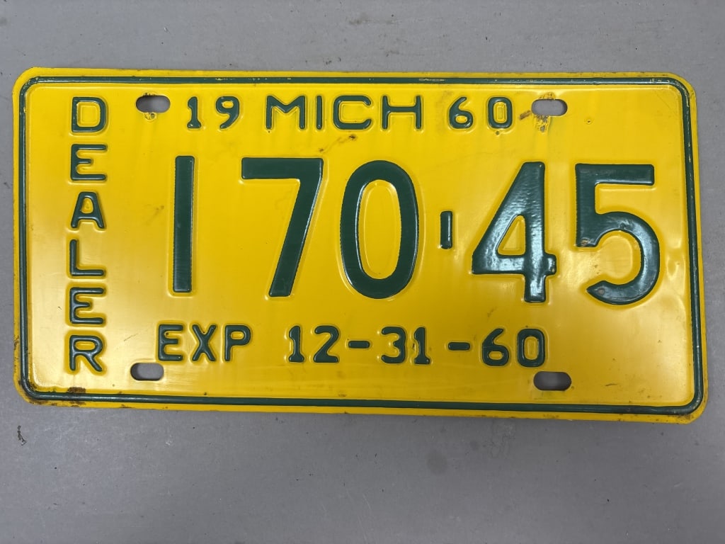 1960 Michigan Dealer Exp 12-31-60 License Plate: See all photos as a better idea of condition.