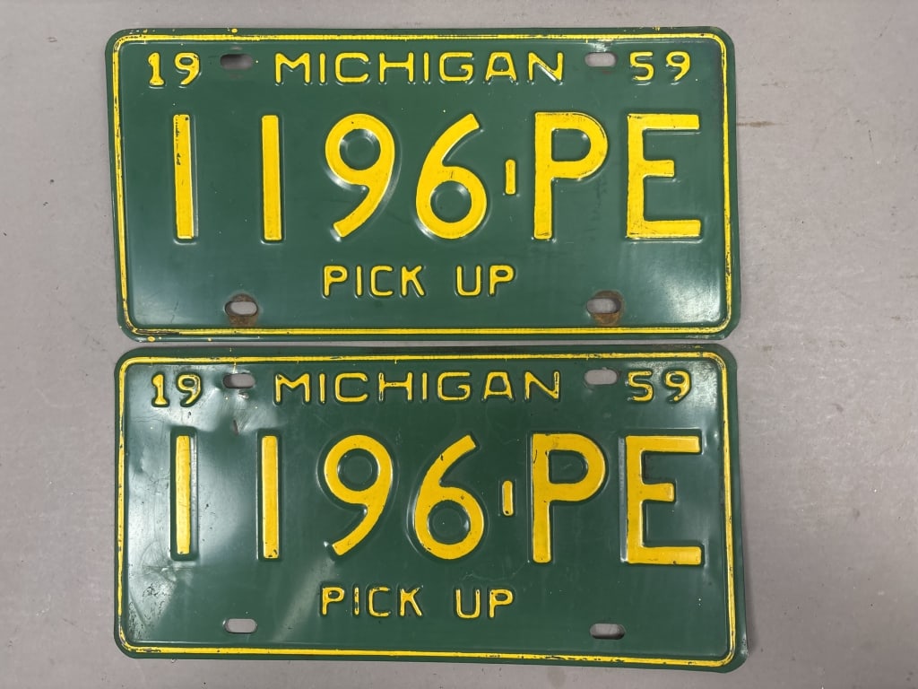Pair 1959 Michigan Pickup 1196-PE License Plates: See all photos as a better idea of condition.