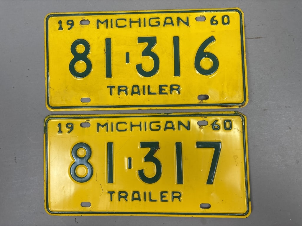 Pair 1960 Michigan Trailer Consecutive Plates: See all photos as a better idea of condition.