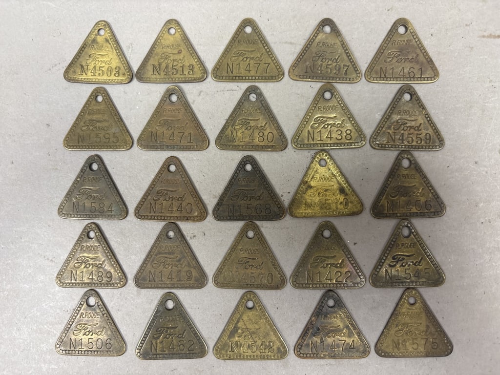 Lot 24 Ford Motor Rouge River Plant Brass Tags: See all photos as a better idea of condition.
