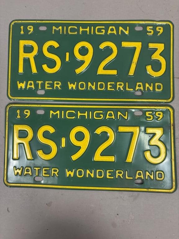Pair 1959 Michigan Water Wonderland License Plates: See all photos as a better idea of condition.