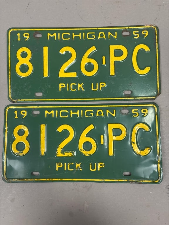 Pair 1959 Michigan Pickup 8126PC License Plates: See all photos as a better idea of condition.