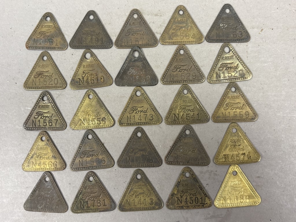 Lot 25 Ford Motor Co Rouge Plant Brass Tool Tags: See all photos as a better idea of condition.