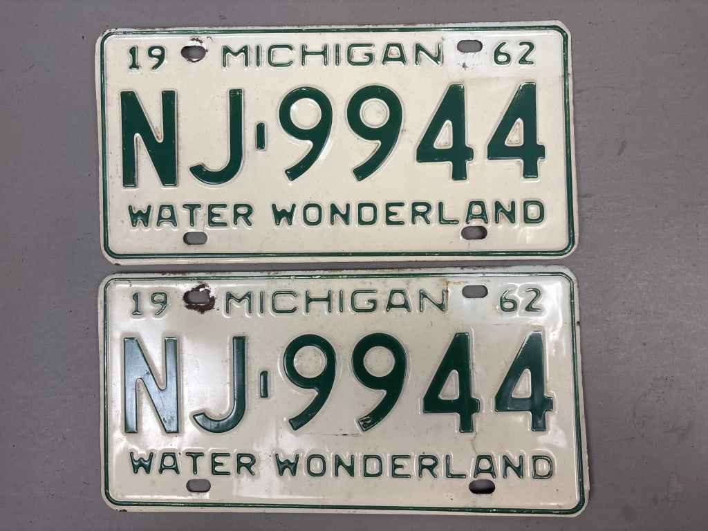 Pair 1962 Michigan NJ9944 License Plates: See all photos as a better idea of condition.