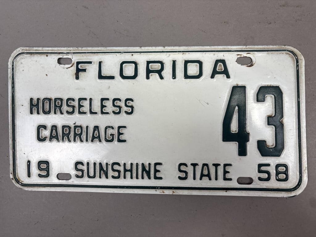 1958 Florida Horseless Carriage 43 License Plate: See all photos as a better idea of condition.