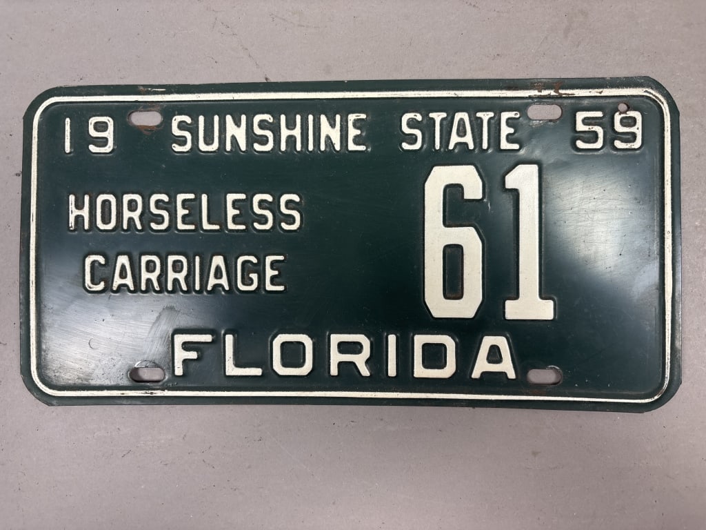 1959 Florida Horseless Carriage 61 License Plate: See all photos as a better idea of condition.