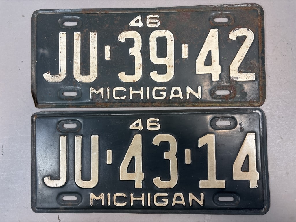 Pair 1946 Michigan JU3943 & JU4314 License Plates: See all photos as a better idea of condition.