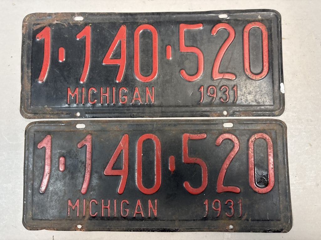 Pair 1931 Michigan 1140520 License Plates: See all photos as a better idea of condition.
