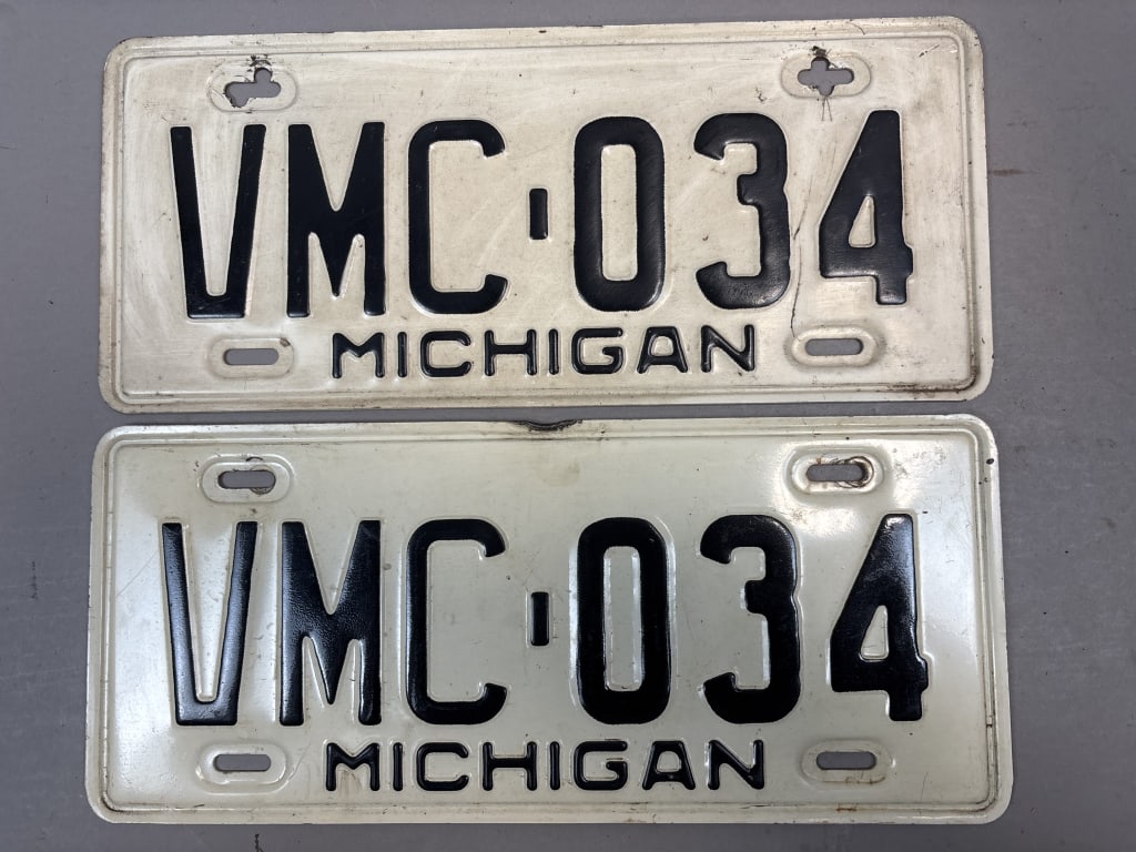 Pair Michigan VMC-034 Vintage License Plates: See all photos as a better idea of condition.