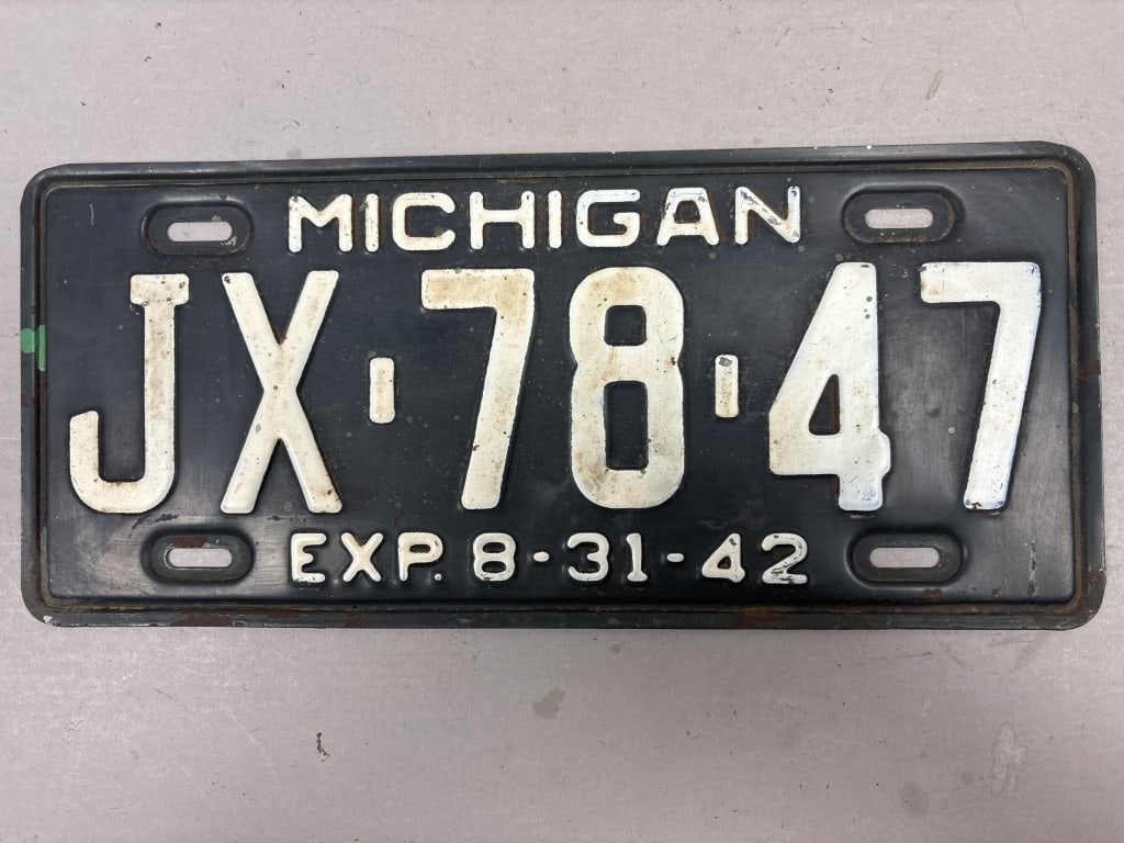 1941 Michigan JX.78.47 Exp 8-31-47 License Plate: See all photos as a better idea of condition.