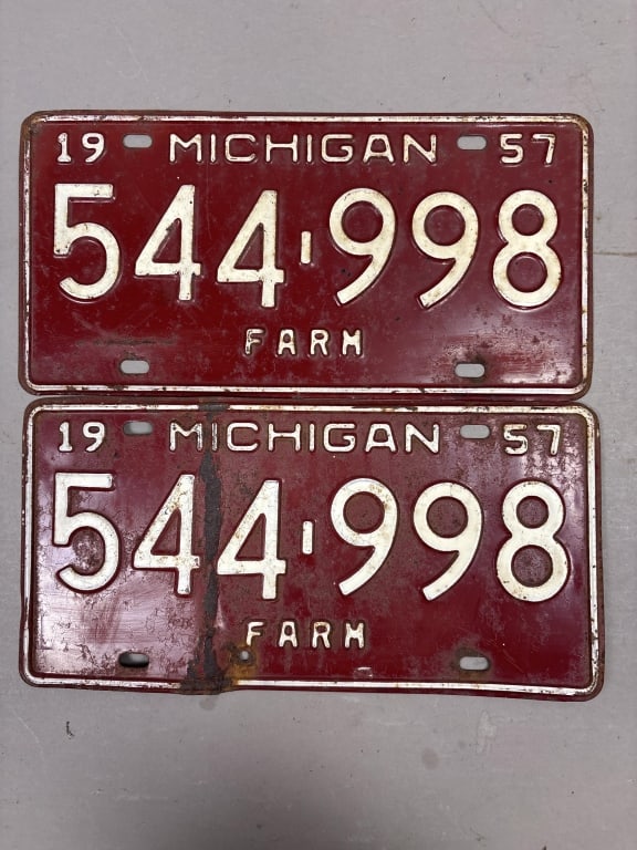 Pair of 1957 Michigan Farm 544-998 License Plates: See all photos as a better idea of condition.