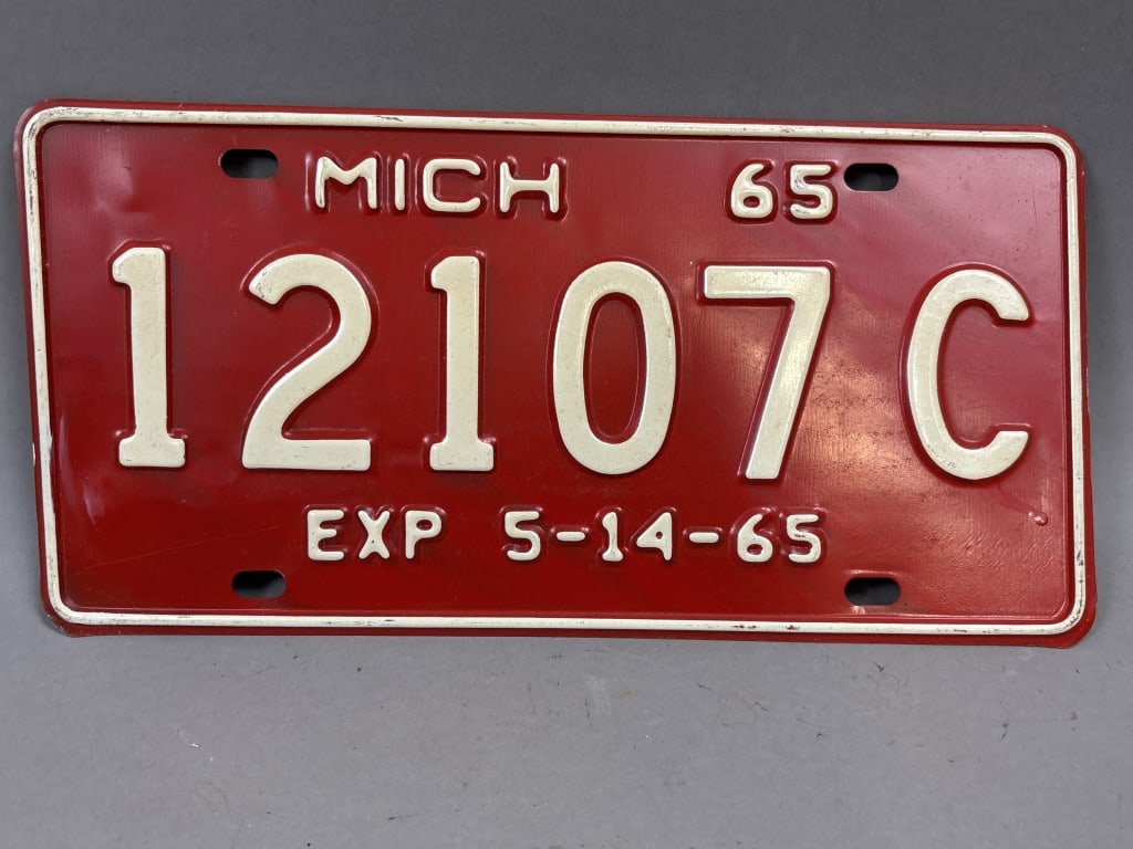 1965 Michigan 12107C Exp 5-14-65 License Plate: See all photos as a better idea of condition.