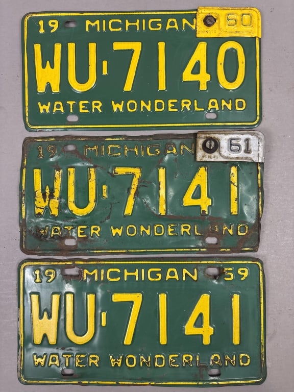 Lot of 3 1950/60s Michigan Plates w/ Renewal Tags: See all photos as a better idea of condition.