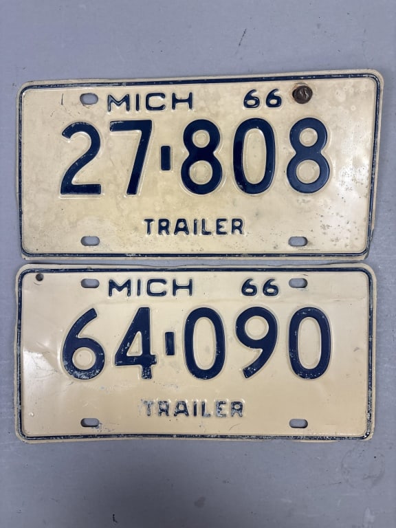 Pair 1966 Michigan Trailer Vintage License Plates: See all photos as a better idea of condition.