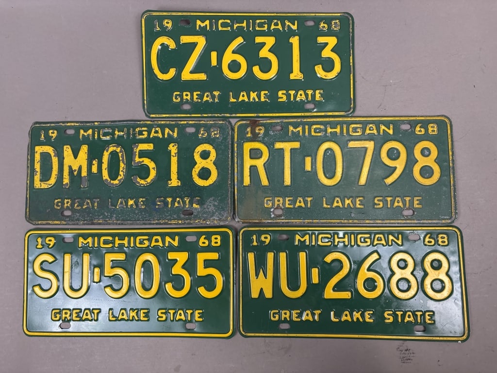 Lot of 5 1968 Michigan Great Lakes State Plates: See all photos as a better idea of condition.
