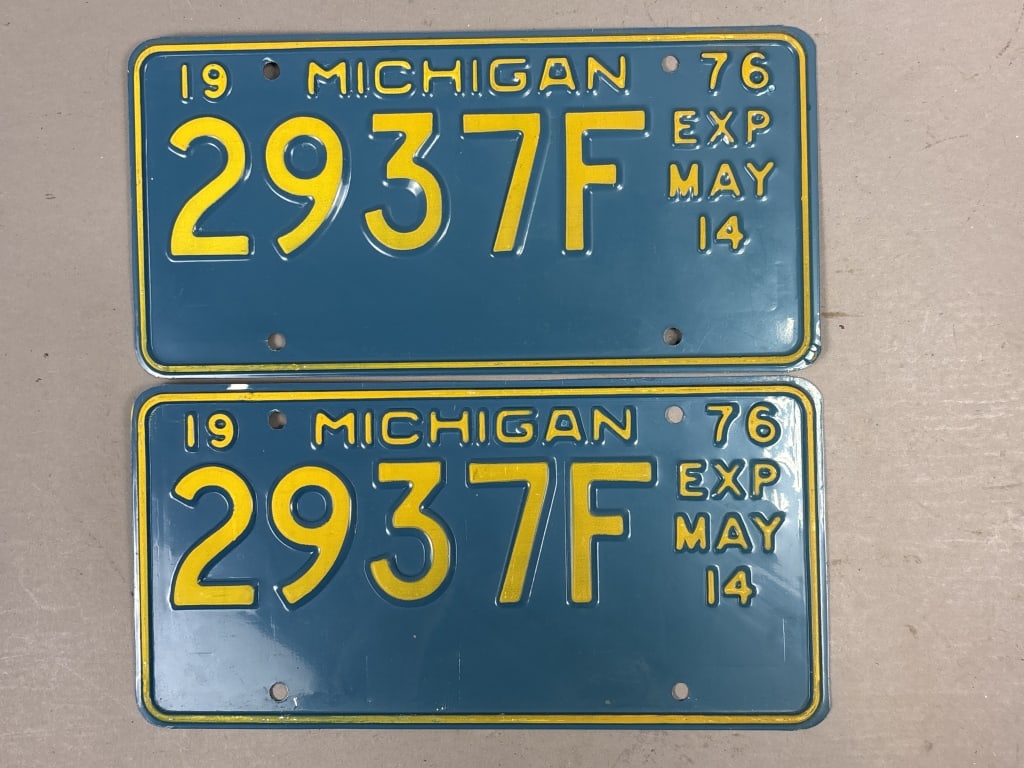 Pair 1976 Michigan 2937F Exp May 14 License Plates: See all photos as a better idea of condition.
