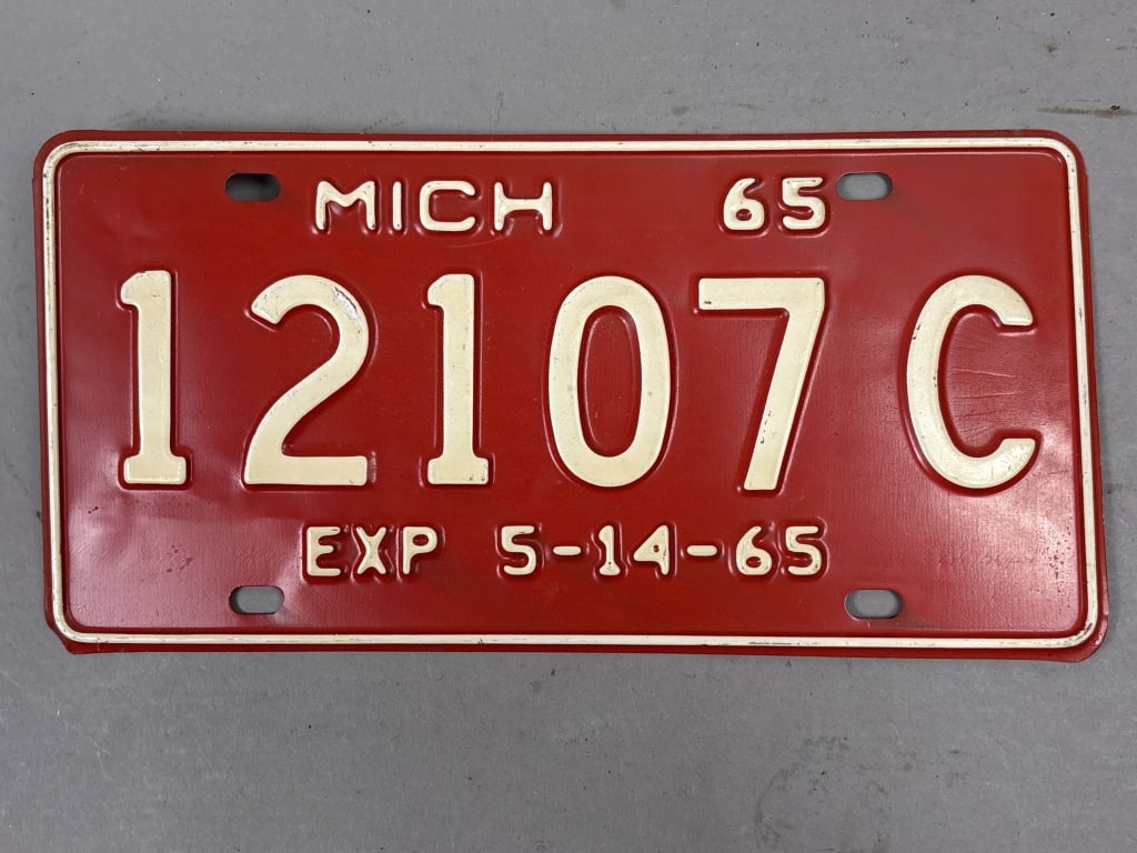 1965 Michigan 12107C Exp 5-14-65 License Plate: See all photos as a better idea of condition.