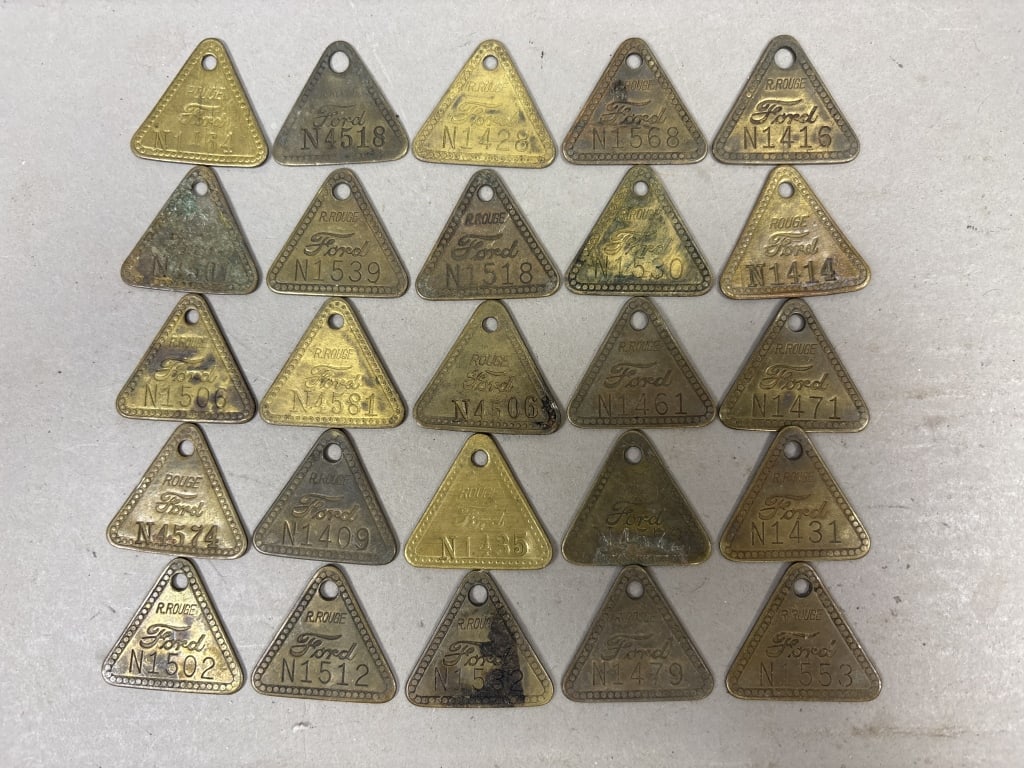 Lot 25 Ford Motor Rouge River Brass Tool Tags: See all photos as a better idea of condition.