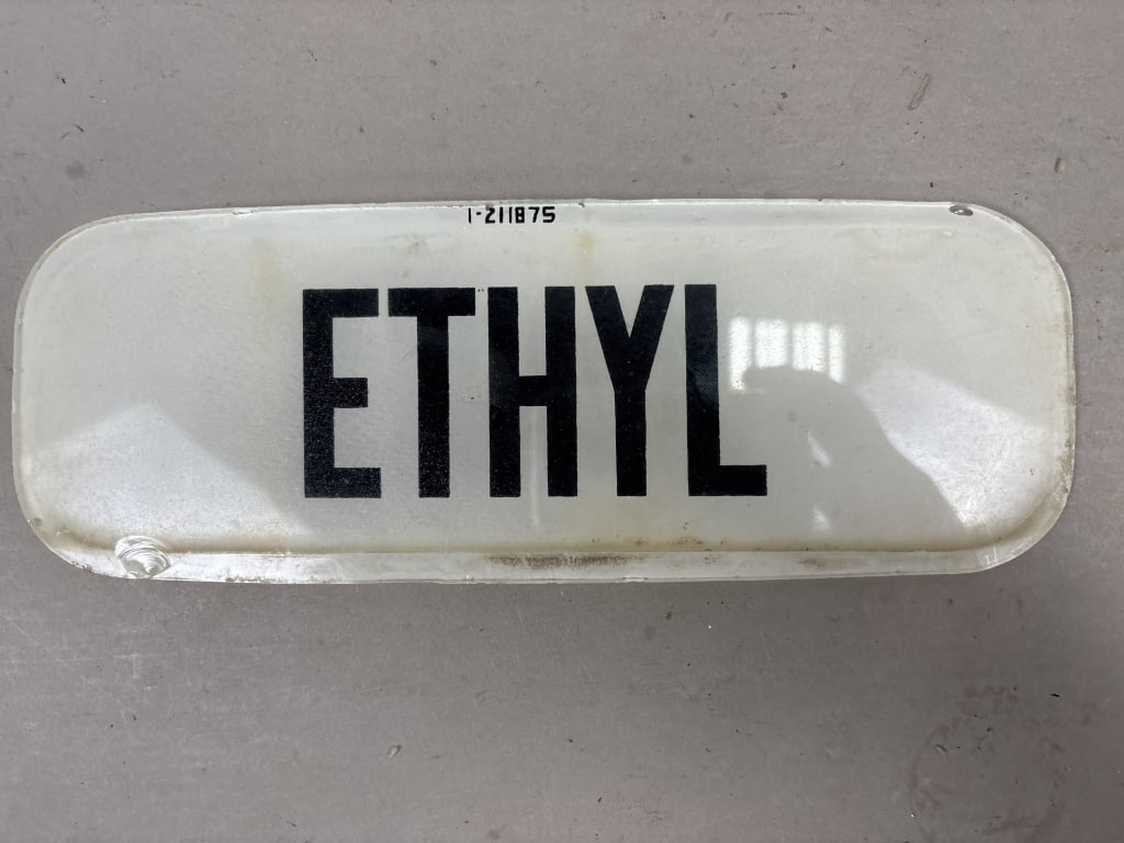 Vintage 50s Glass Ethyl Ad Gas Pump Sign: See all photos as a better idea of condition.