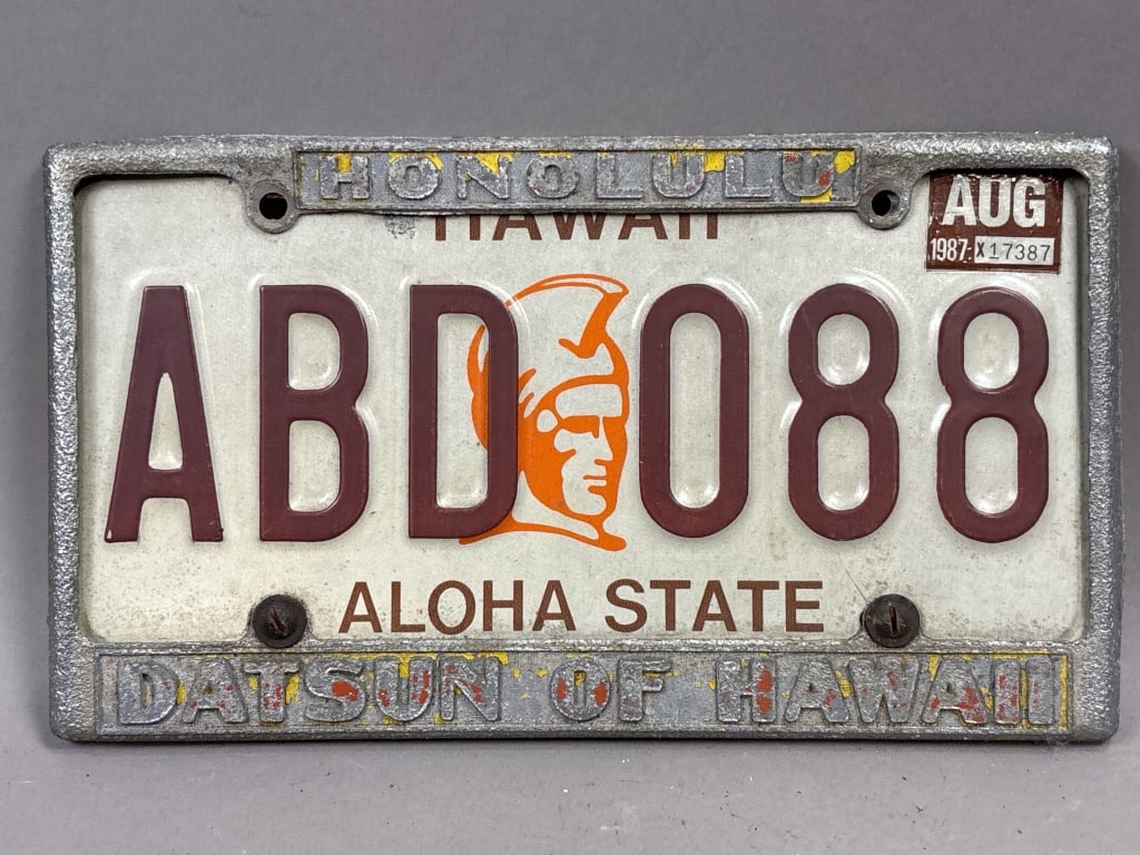1987 Hawaii Datsun of Hawaii License Plate & Frame: See all photos as a better idea of condition.