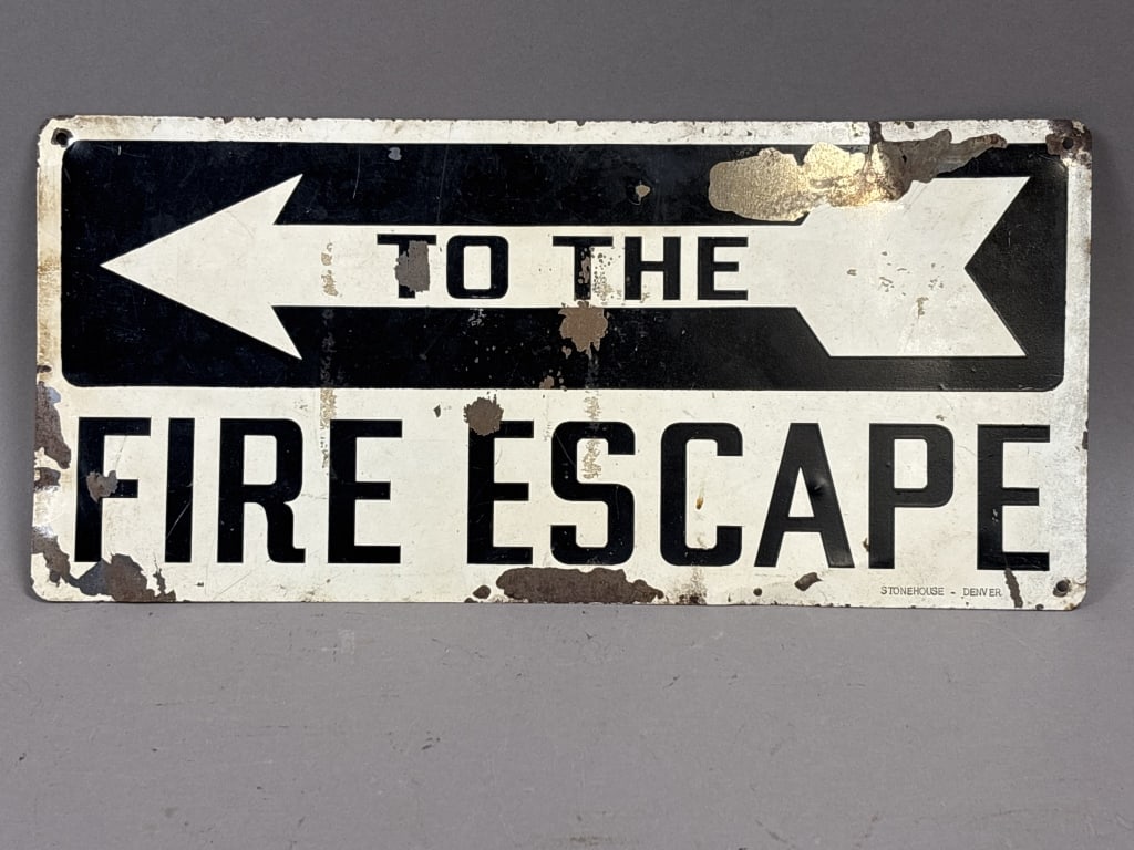To The Fire Escape Stonehouse Denver Metal Sign: See all photos as a better idea of condition.