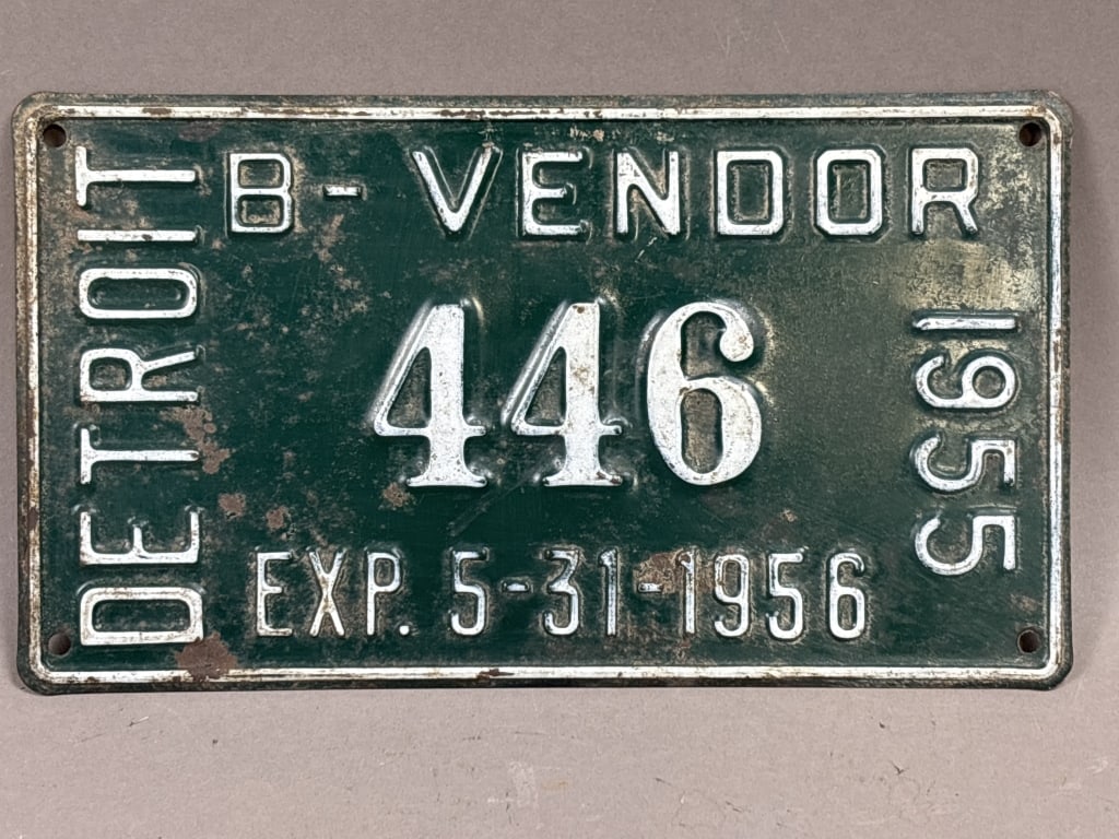 1955 Detroit B-Vendor 446 Exp 5-31-56 Plate: See all photos as a better idea of condition.